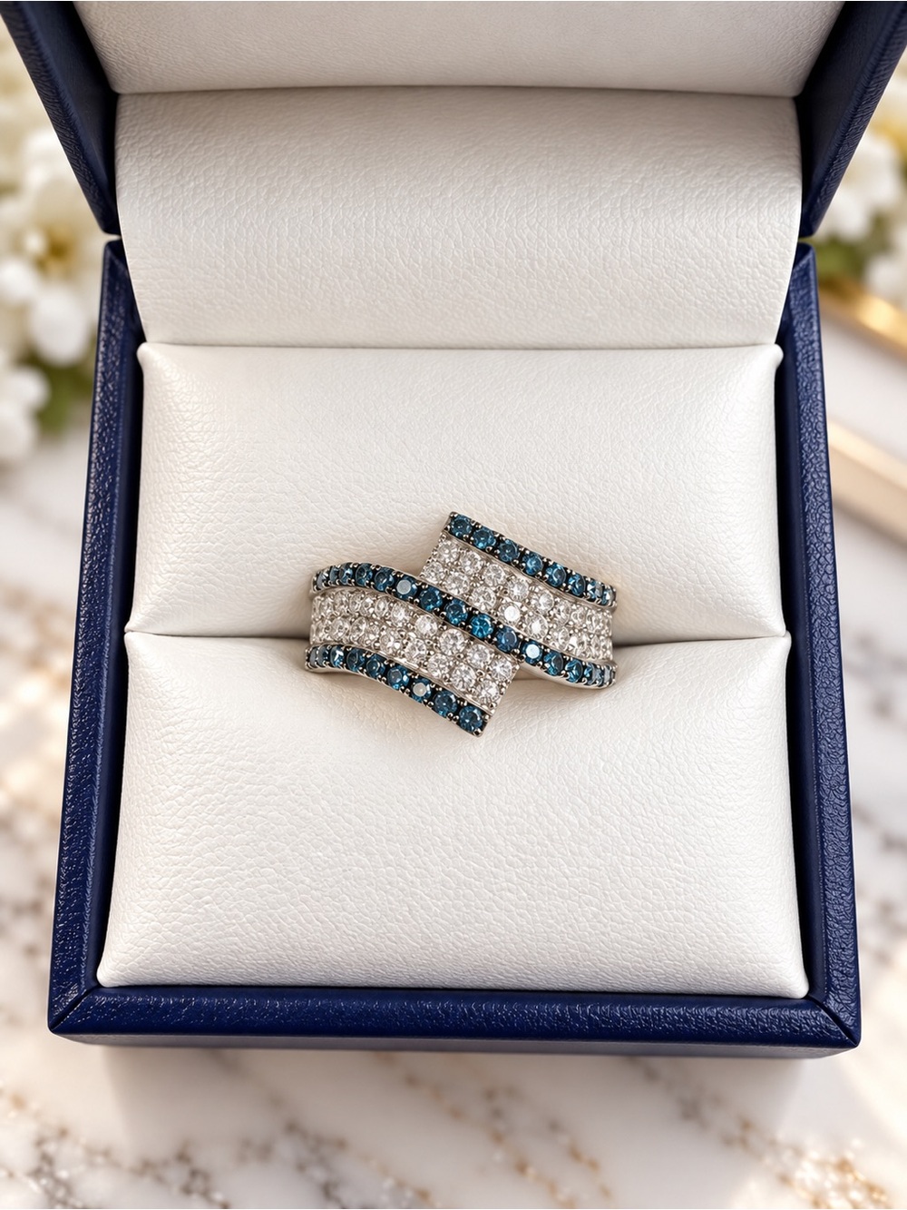 1.00 CTW Natural White & Blue Diamond Sterling Silver Crossover Ring NWT